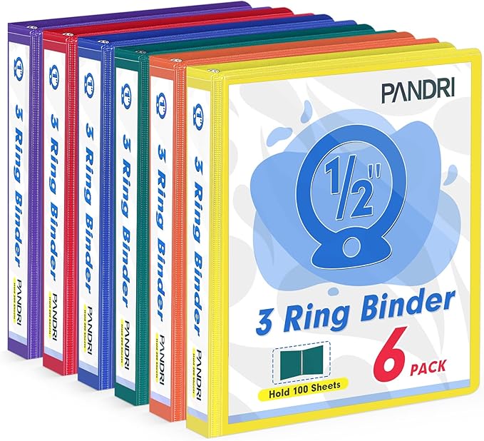 3 Ring Binder 0.5 Inch, PANDRI 6 Pack 1/2-Inch Binder Fits Letter Size 8.5'' x by PANDRI