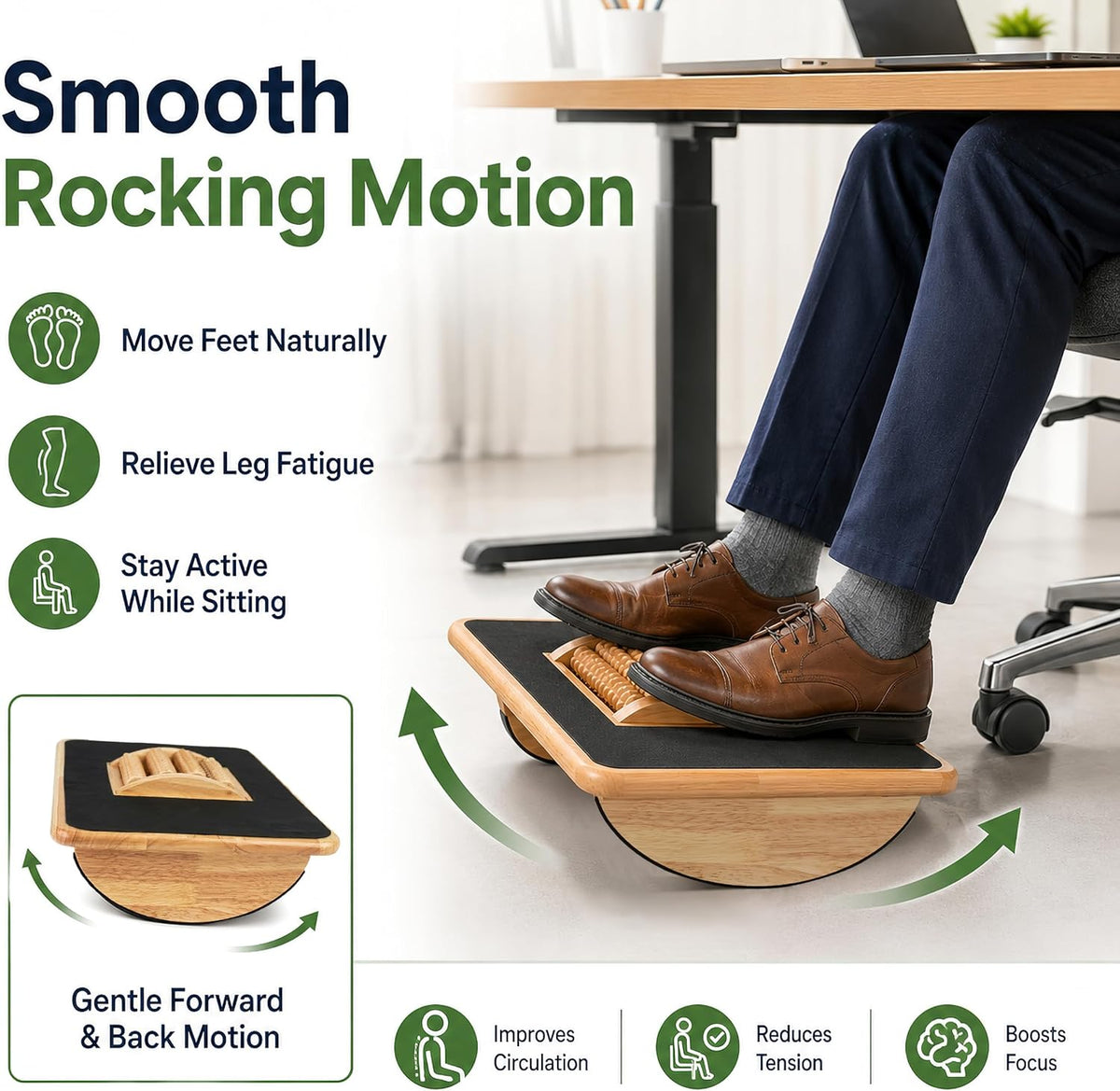 Foldable Under Desk Foot Rest, Wooden Rocking Footrest with 4 Massage Rollers...