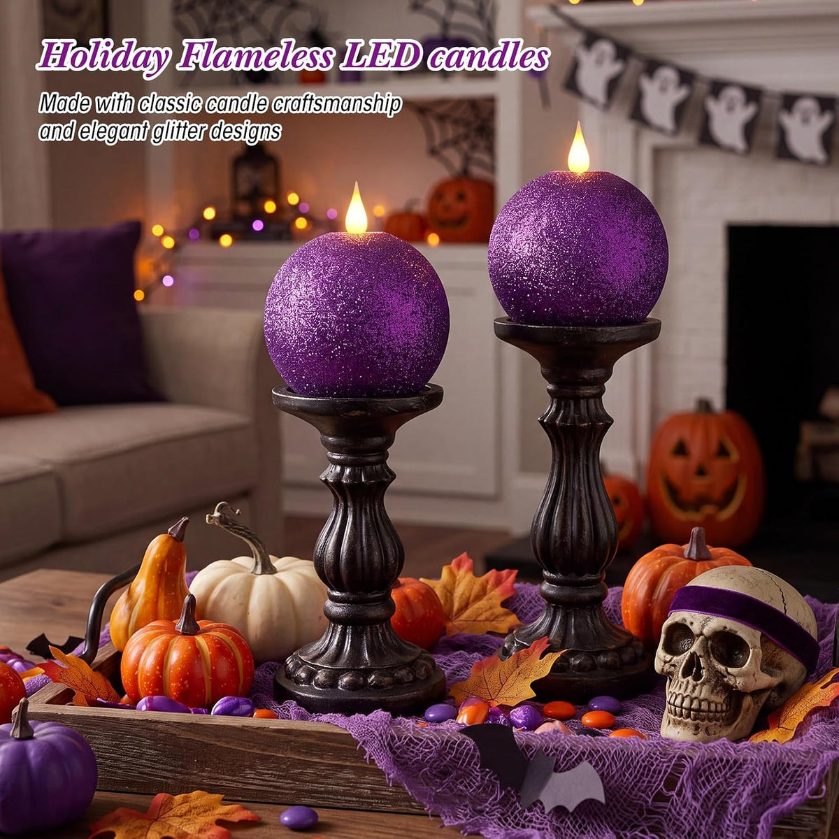 Retisee 2 Pcs Halloween Flameless Candles Real Wax Round with Remote Timer