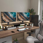 westree dual monitor stand riser, wood and steel showing dimensions