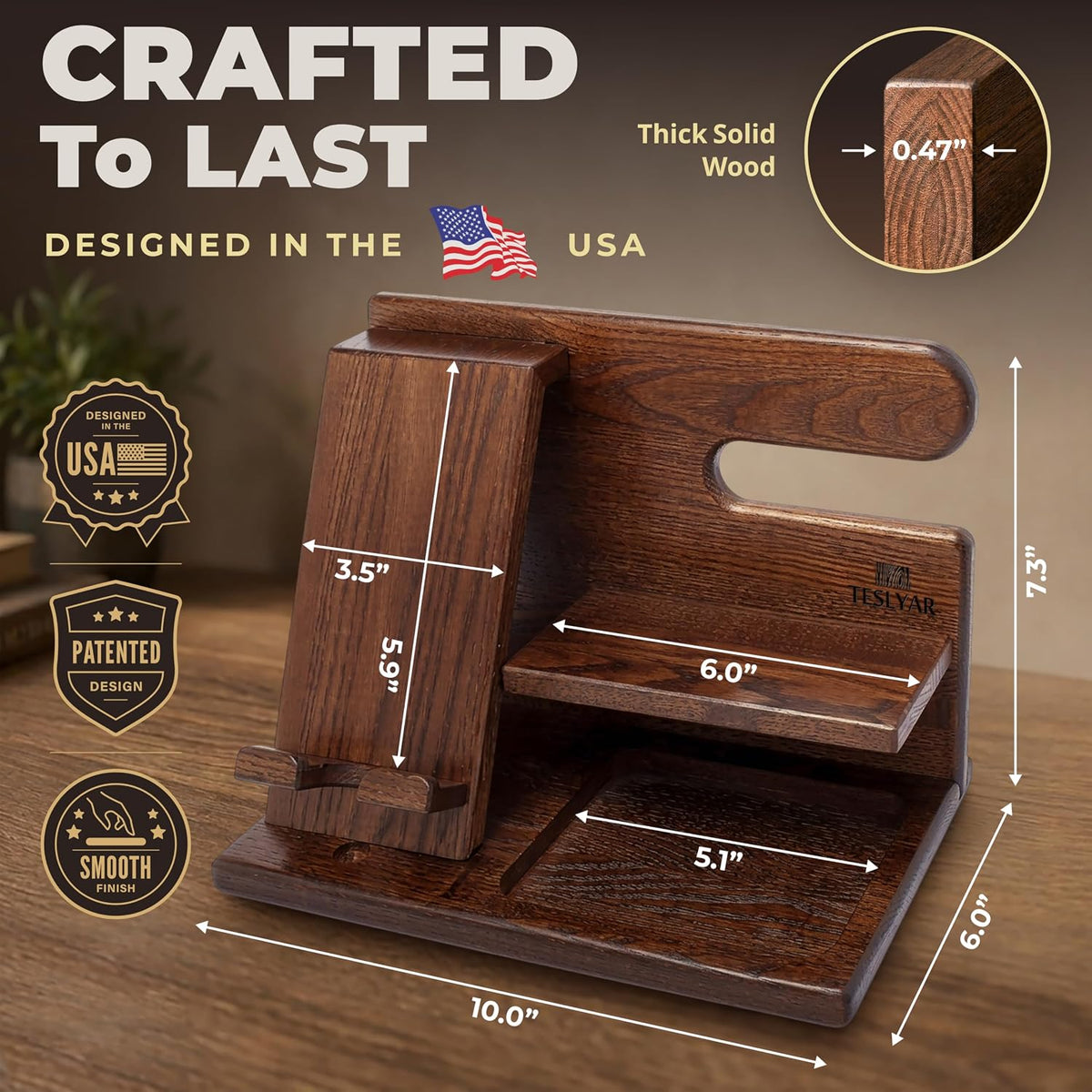 TESLYAR Wood Phone Docking Station for Men - Desktop or Nightstand Organizer ...