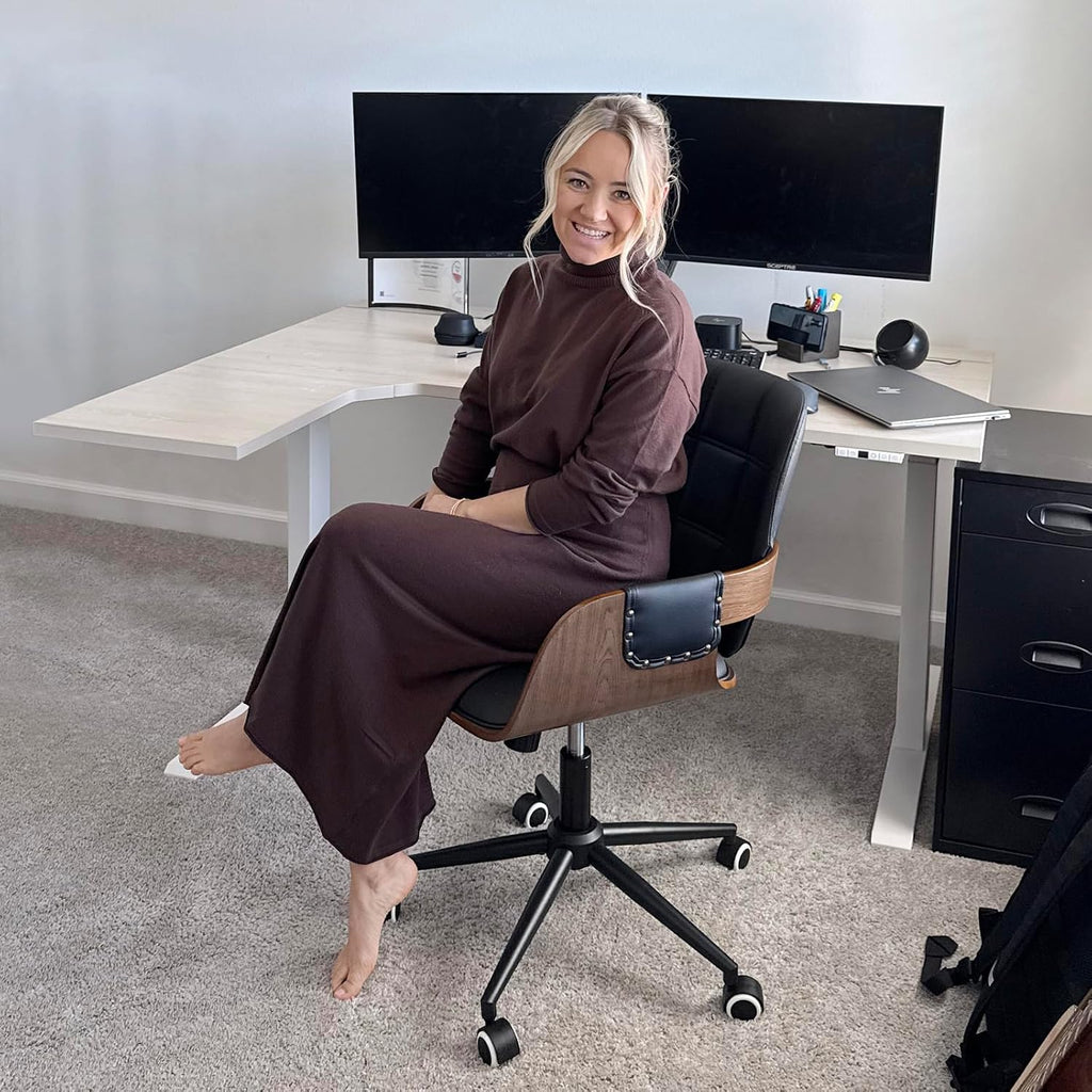 Mid Century Modern Desk Chair, Faux Leather Office Chair with Walnut Finish | Ergonomic Curved Back, Bentwood Frame, 360° Swivel & Rocking Function, Height Adjustable 19"-23", Support Up to 350 lbs