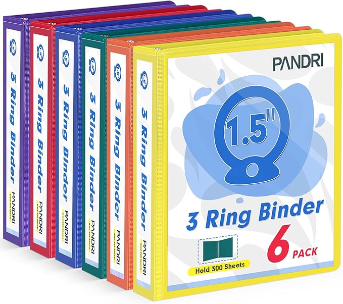 3 Ring Binder 1.5 Inch, PANDRI 6 Pack 1.5-Inch Binder Fits Letter Size 8.5'' x by PANDRI