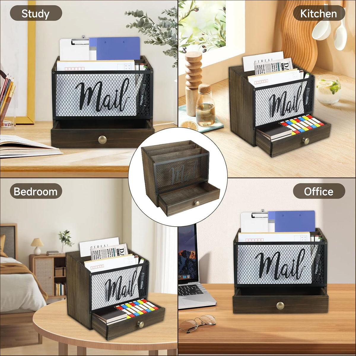 Wooden Mail Organizer with Drawer, 3 Compartments Desk Sorter