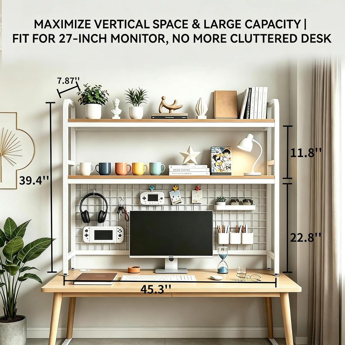 Desktop Bookshelf with Pegboard, 2-Tier Desk Hutch Storage Organizer Rack, Me...