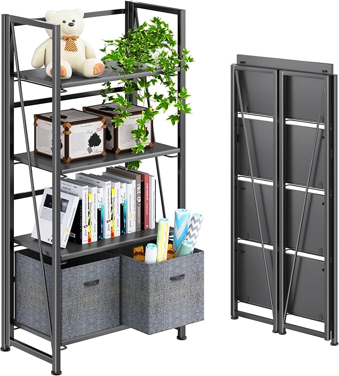4NM No Assembly Folding Bookshelf Storage Shelves 4 Tiers Vintage Bookcase by 4NM