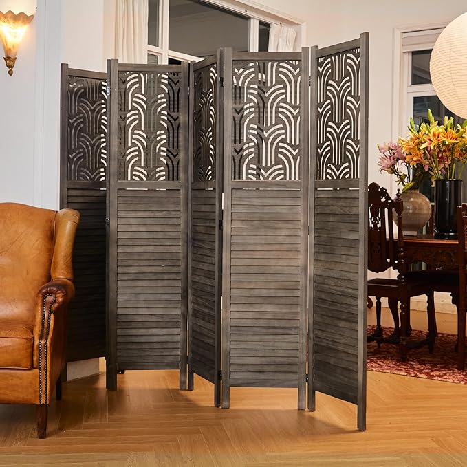 Svimi Folding Room Divider, 66.9 Inch 6 Panels Wood Carved Privacy Screens - Image 2