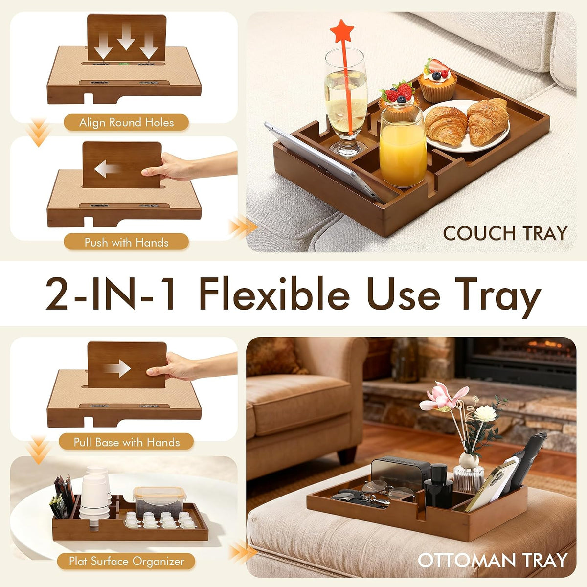 SINWANT Couch Table Insert Between Cushions,3 Adjustable Position Holes
