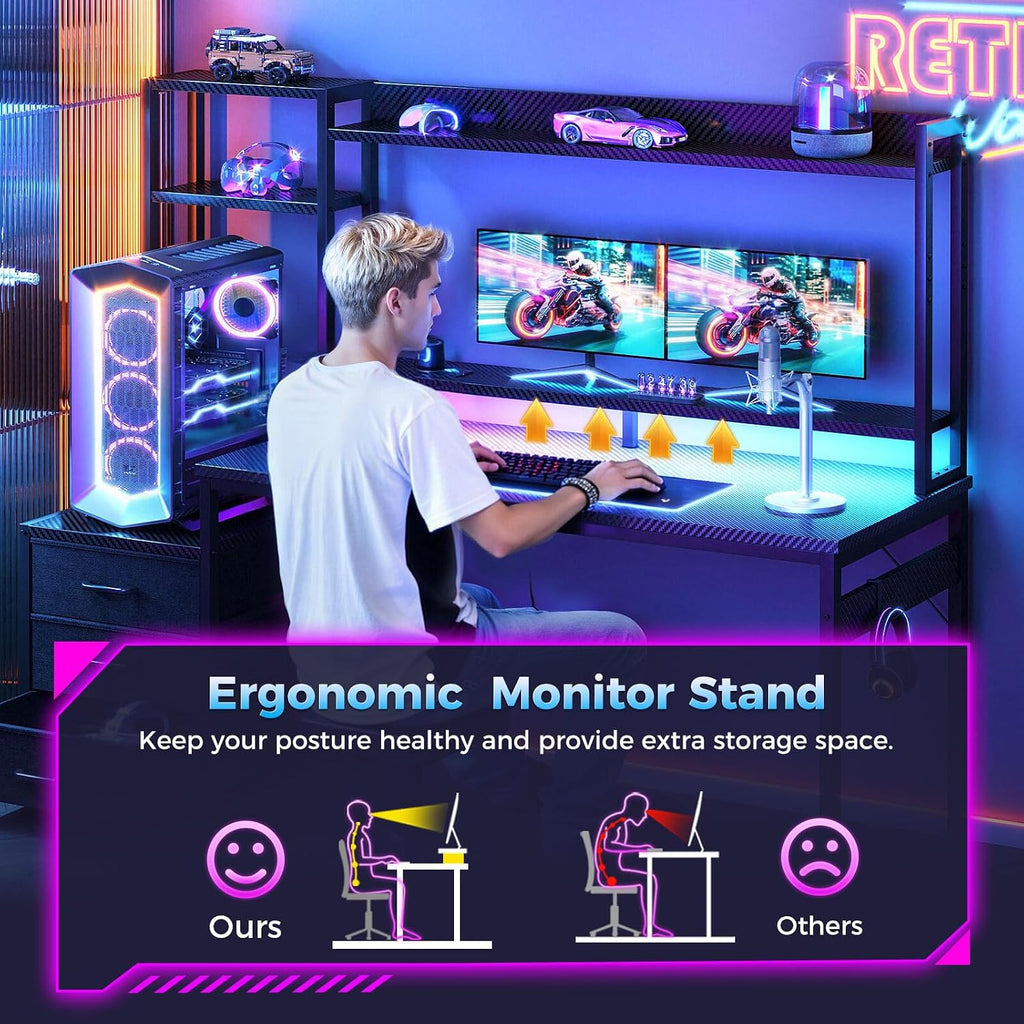 Casaottima 48 Inch Gaming Desk with Shelves & Hutch & 3 Drawers & LED Light | Reversible PC Desk with Tower Stand & Power Outlets, Computer Desk for Home Office, Carbon Fiber Black
