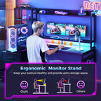 Casaottima 48 Inch Gaming Desk with Shelves & Hutch & 3 Drawers & LED Light | Reversible PC Desk with Tower Stand & Power Outlets, Computer Desk for Home Office, Carbon Fiber Black