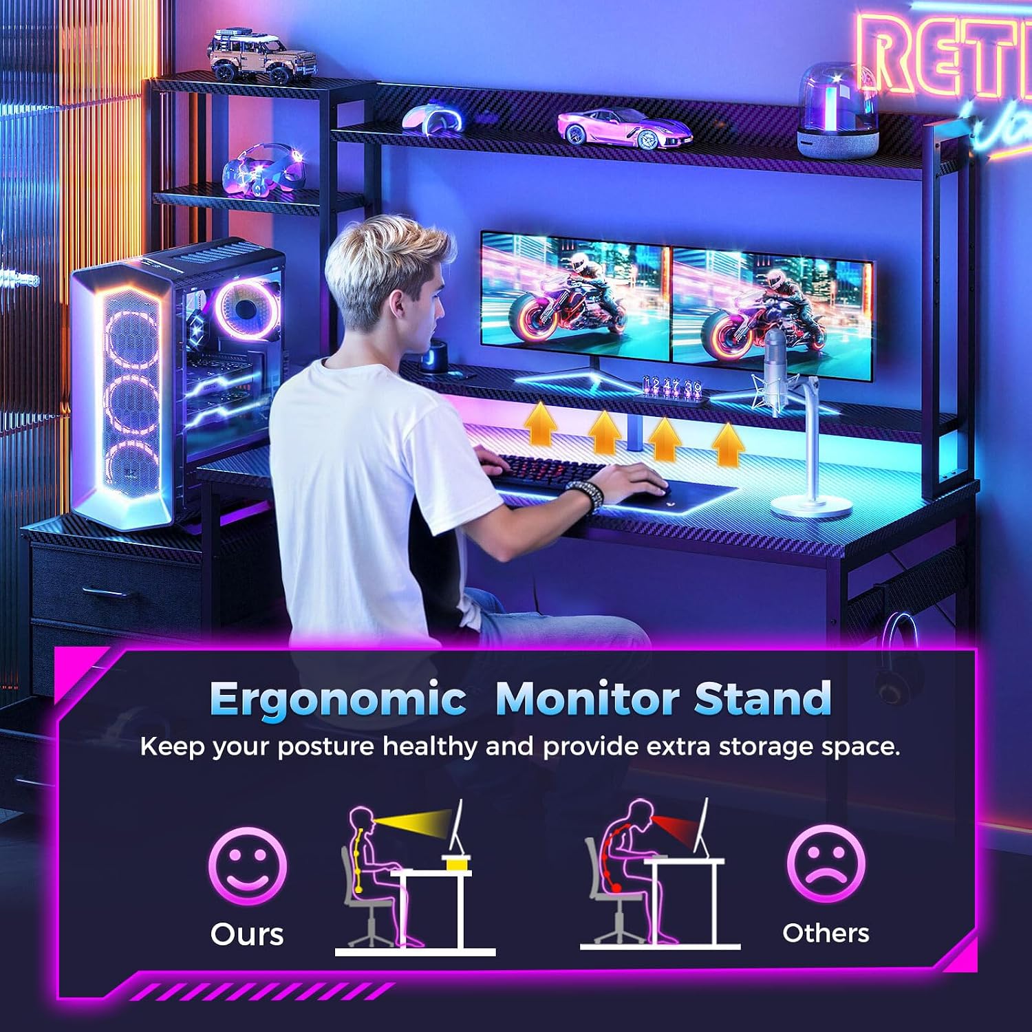 Casaottima 48 Inch Gaming Desk with Shelves & Hutch & 3 Drawers & LED Light | Reversible PC Desk with Tower Stand & Power Outlets, Computer Desk for Home Office, Carbon Fiber Black