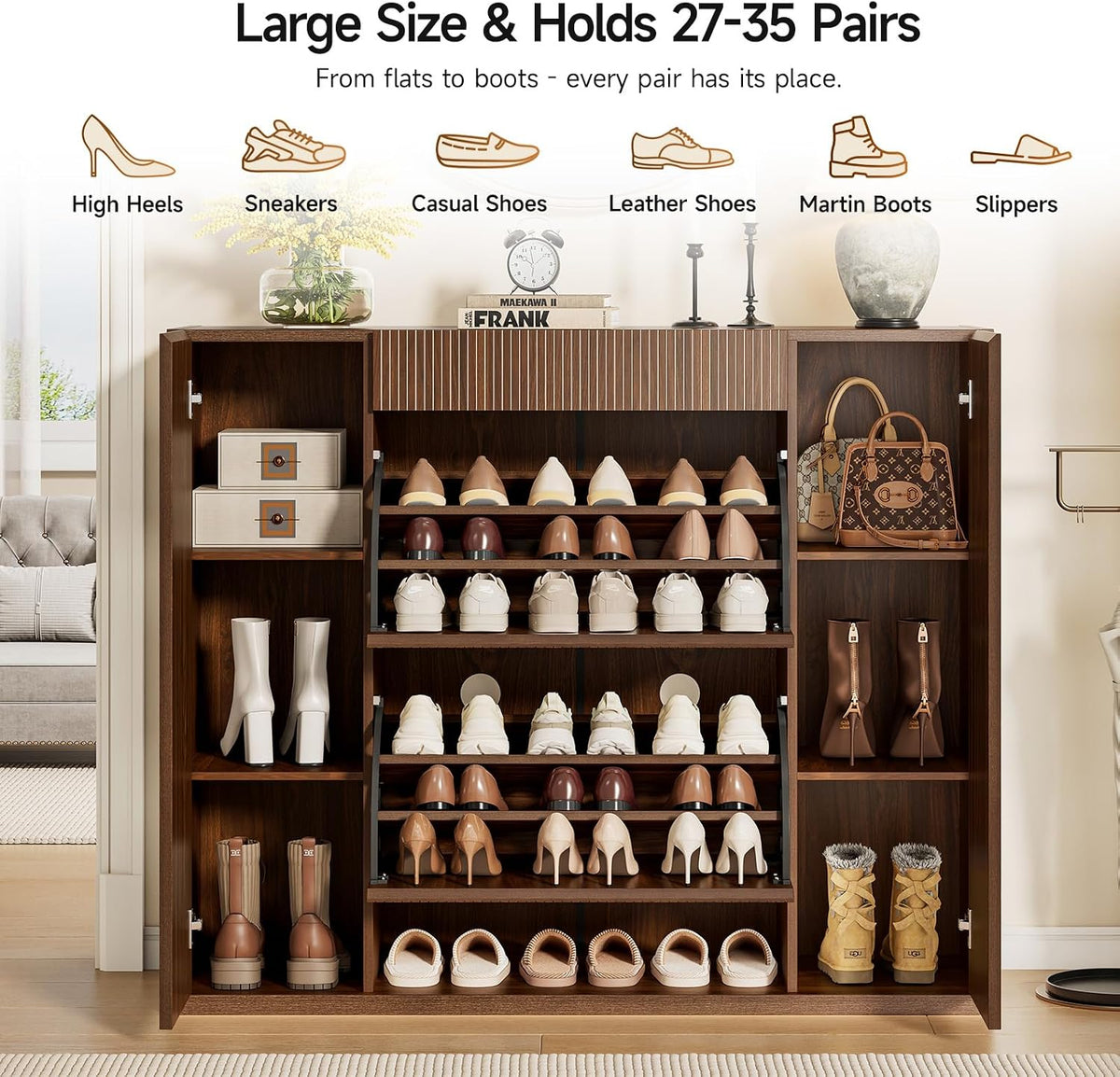 ONBRILL Large Shoe Cabinet with 2 Flip Drawers (3-Tier Each) & 2 Side Doors