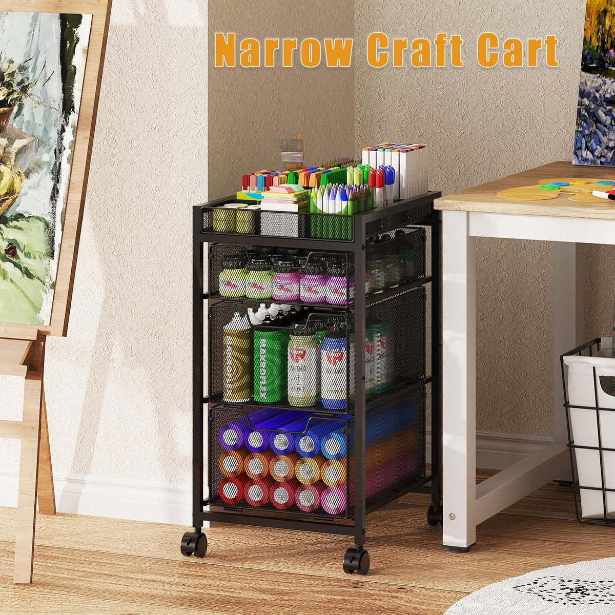 Rolling Utility Cart with 3 Drawers, Craft Organizer and Storage with DIY Div...