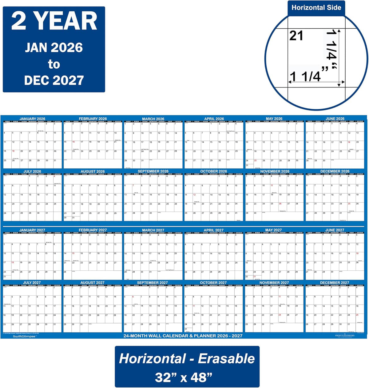 32" x 48" SwiftGlimpse 2026 2027 Wall Calendar, Large, Wet & Dr...