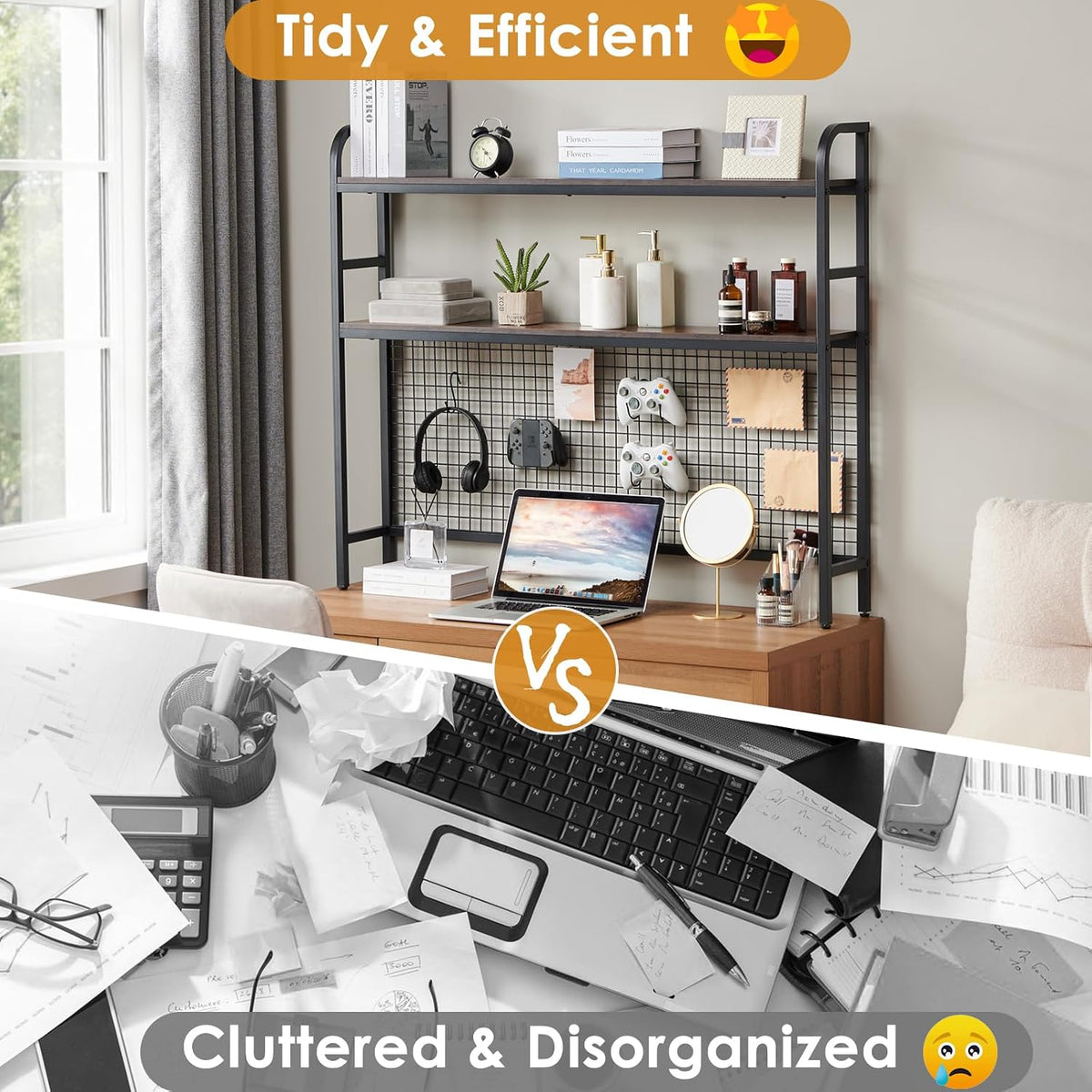 Desk Shelf, 45.3” Desktop Organizer Shelf with Grid Panel and Hooks, Desk Hut...