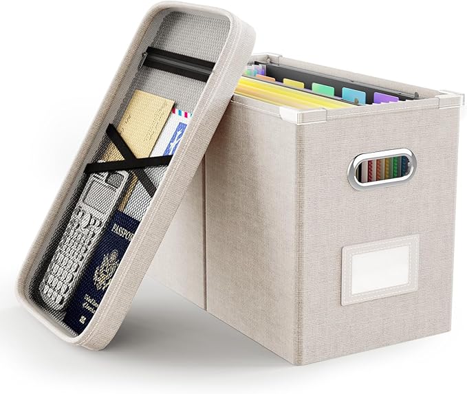 Oterri File Organizer Box with Lid, Hanging Filing File Box with Mesh Pocket by Oterri