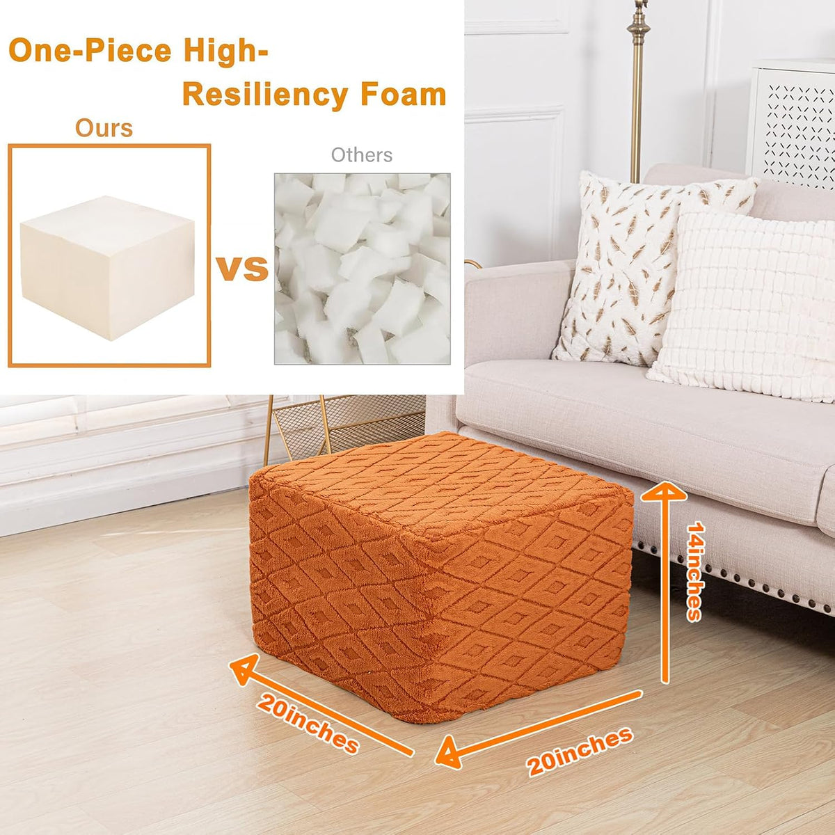Square Ottoman Pouf,Couch FootRest,Footstool,Orange, 20x20x14 in