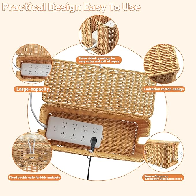 IHKFILAN 2 Pcs Handmade Cable Management Boxes Rattan Cable Organizer Large & - Image 2