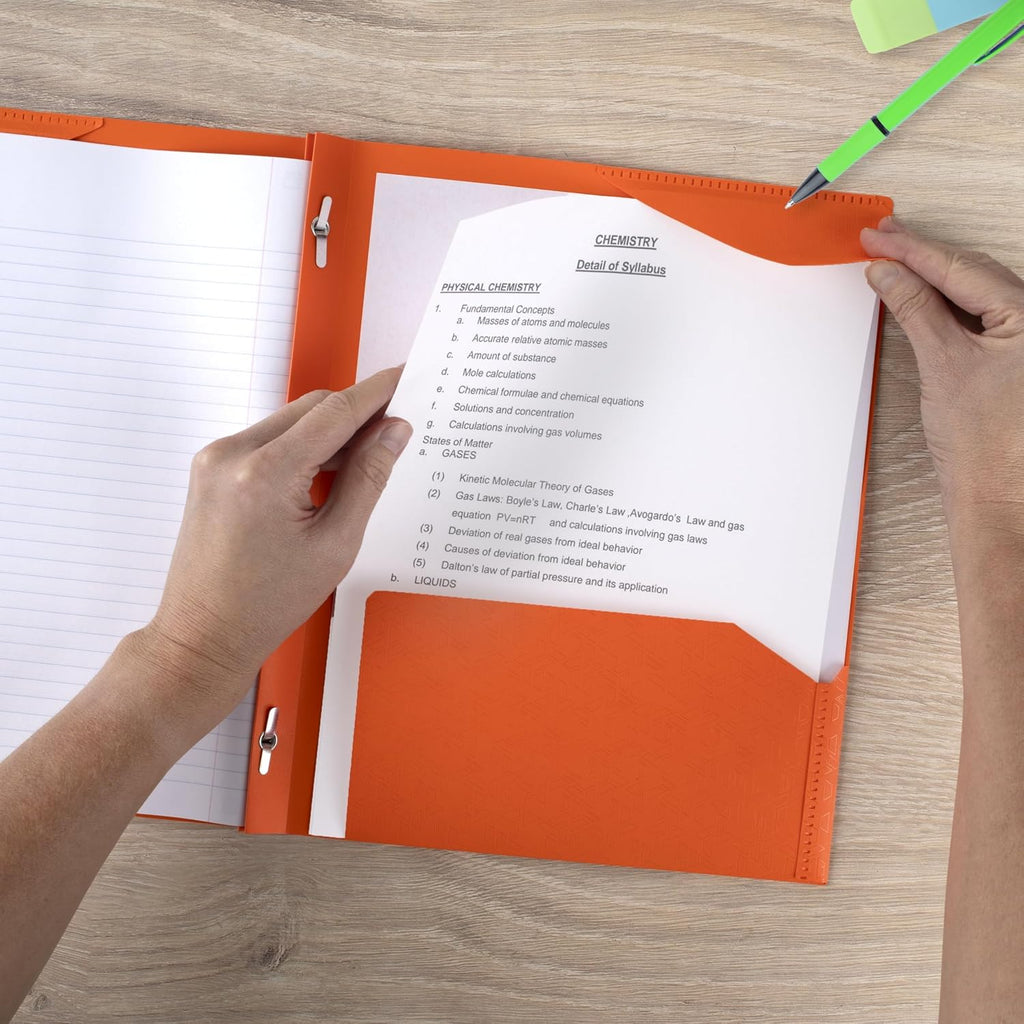 Five Star 2-Pocket Folder, Plastic Folder with Stay-Put Tabs and Prong Fasteners, Holds 8-1/2" x 11" Paper, Solar Orange (340300N)
