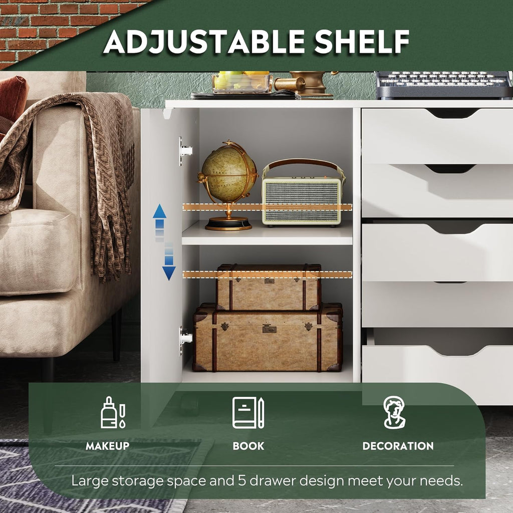 devaise 5-drawer wood drawer cabinet, office storage cabinet showing dimensions