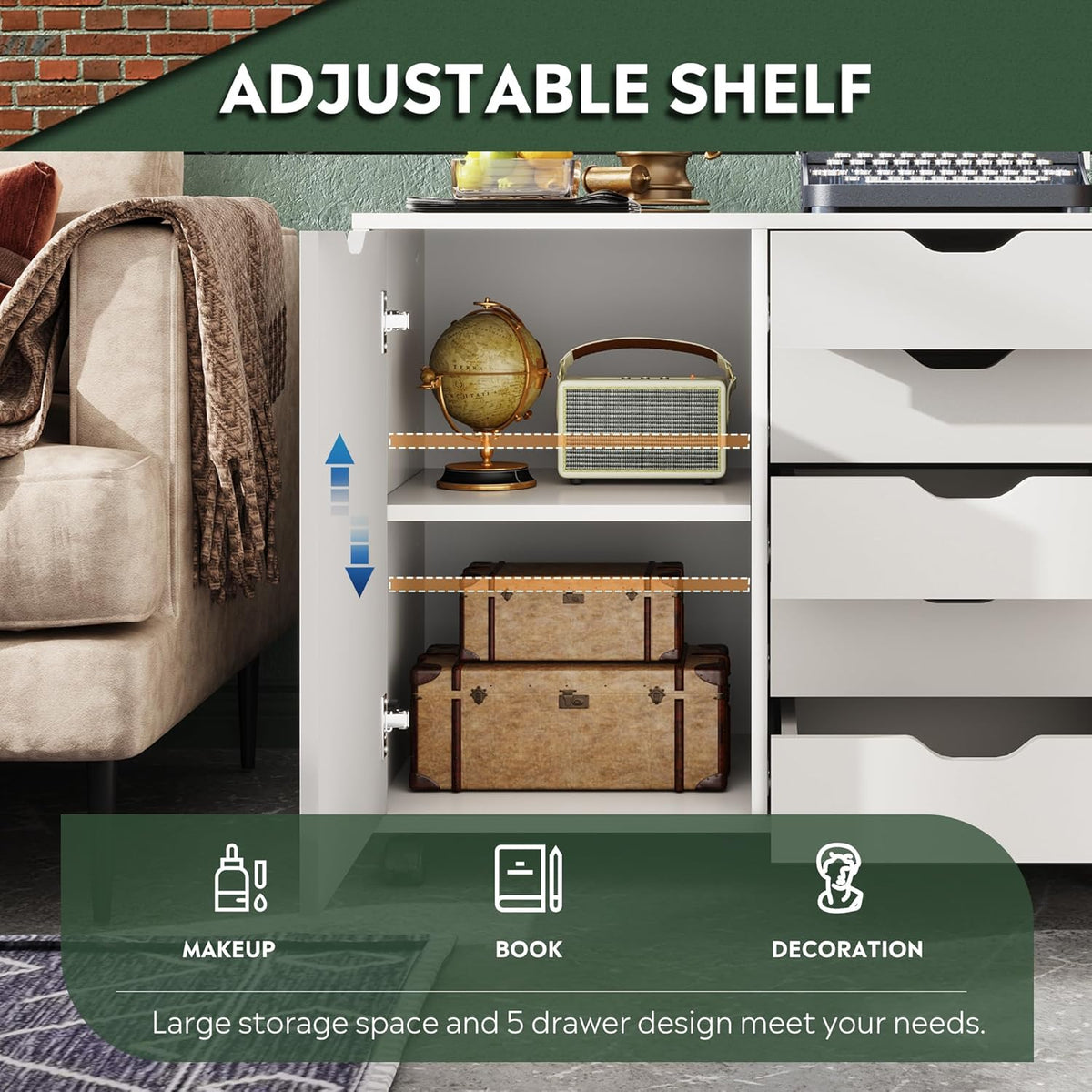 devaise 5-drawer wood drawer cabinet, office storage cabinet showing dimensions