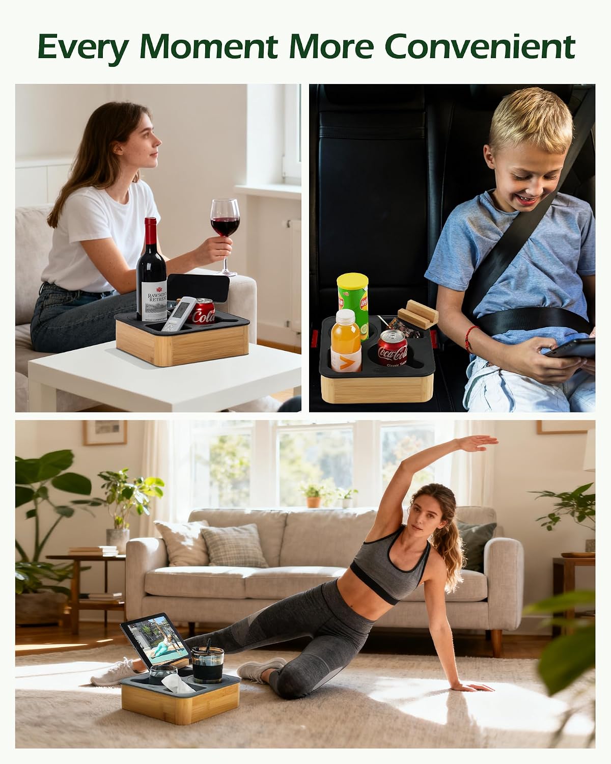 Couch Cup Holder Tray, Bamboo Couch Caddy with Rotatable Phone Holder for Bed...