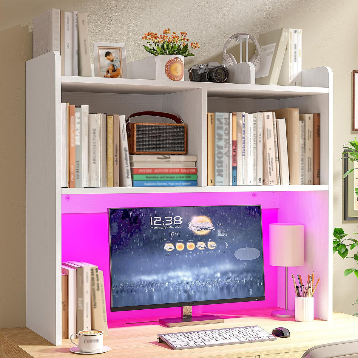 REIBII 3-Tier Desk Hutch with LED Light,6-Shelf Desktop Organizer,White