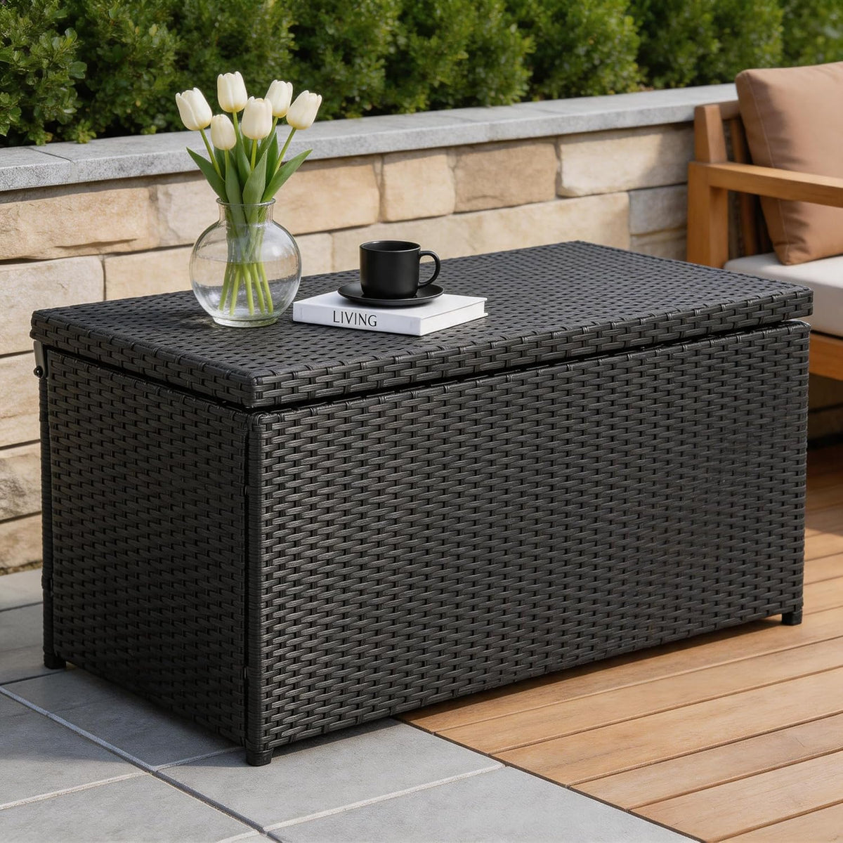 sundale 70 gallon oudoor deck box, large rattan, close-up detail