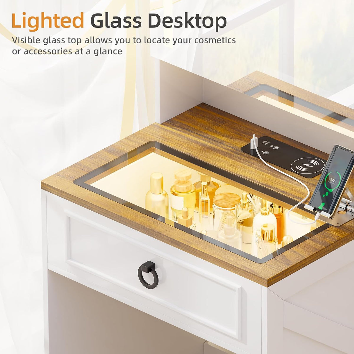 3 in 1 Small Vanity Desk with Lights and Mirror,Charging Station,White