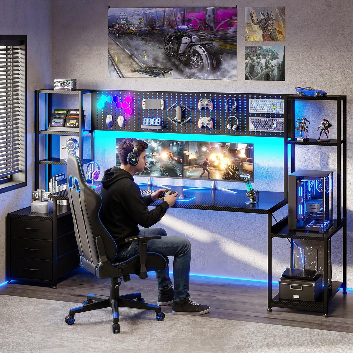 AODK 79 Inch Gaming Desk with Shelves & DIY Pegboard, PC Desk with Drawers