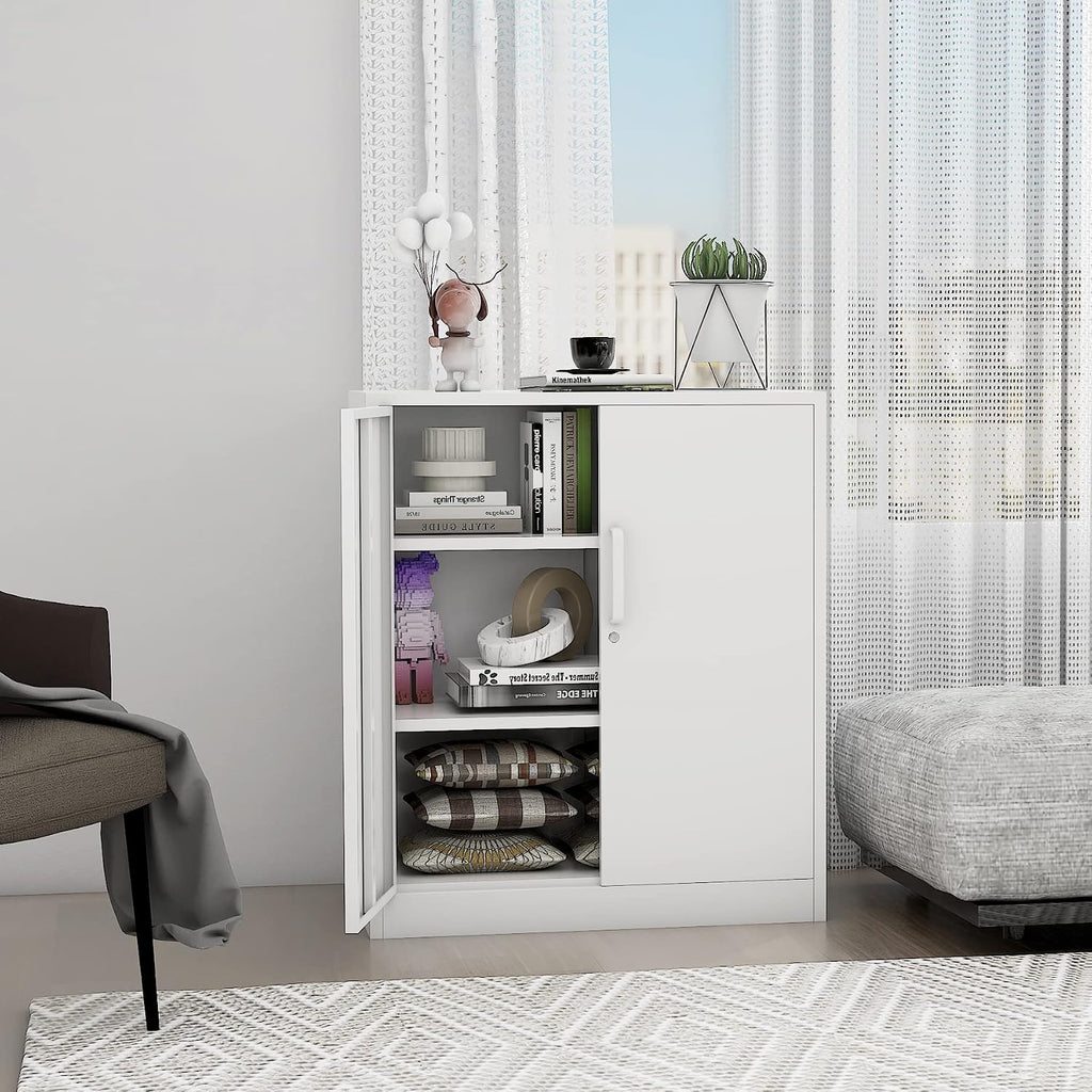 Metal Storage Cabinet, Lockable Steel Storage Cabinet with 2 Doors and Shelves, Metal Cabinet with Lock, Small Locking Cabinet for Home Office (White)