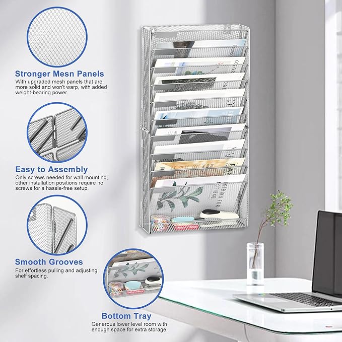 EasyPAG Wall File Holder 10 Tier Mesh Hanging Folder Organizer - Image 2