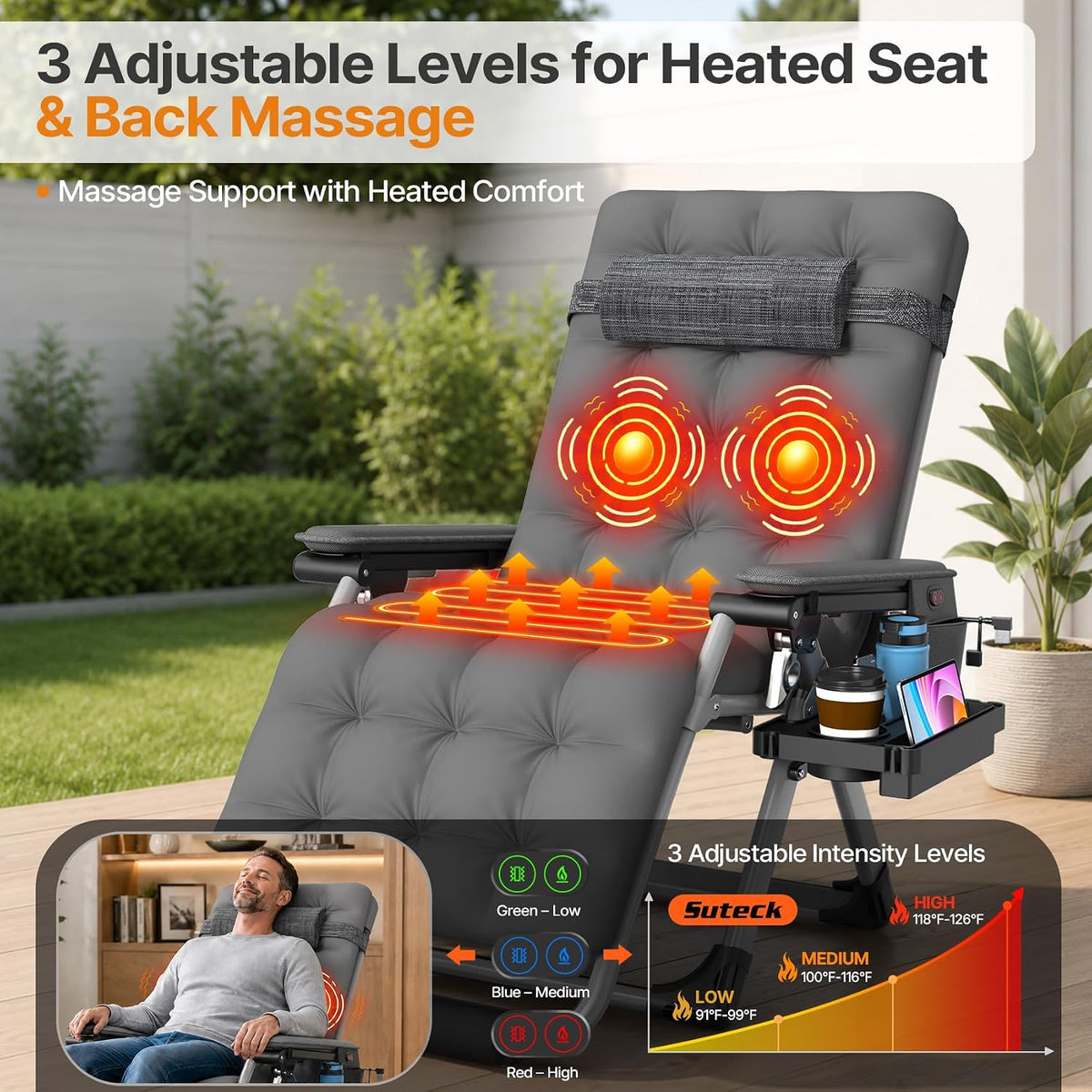 Suteck Heated Zero Gravity Massage Chair, 29In XL Outdoor Recliner Chairs