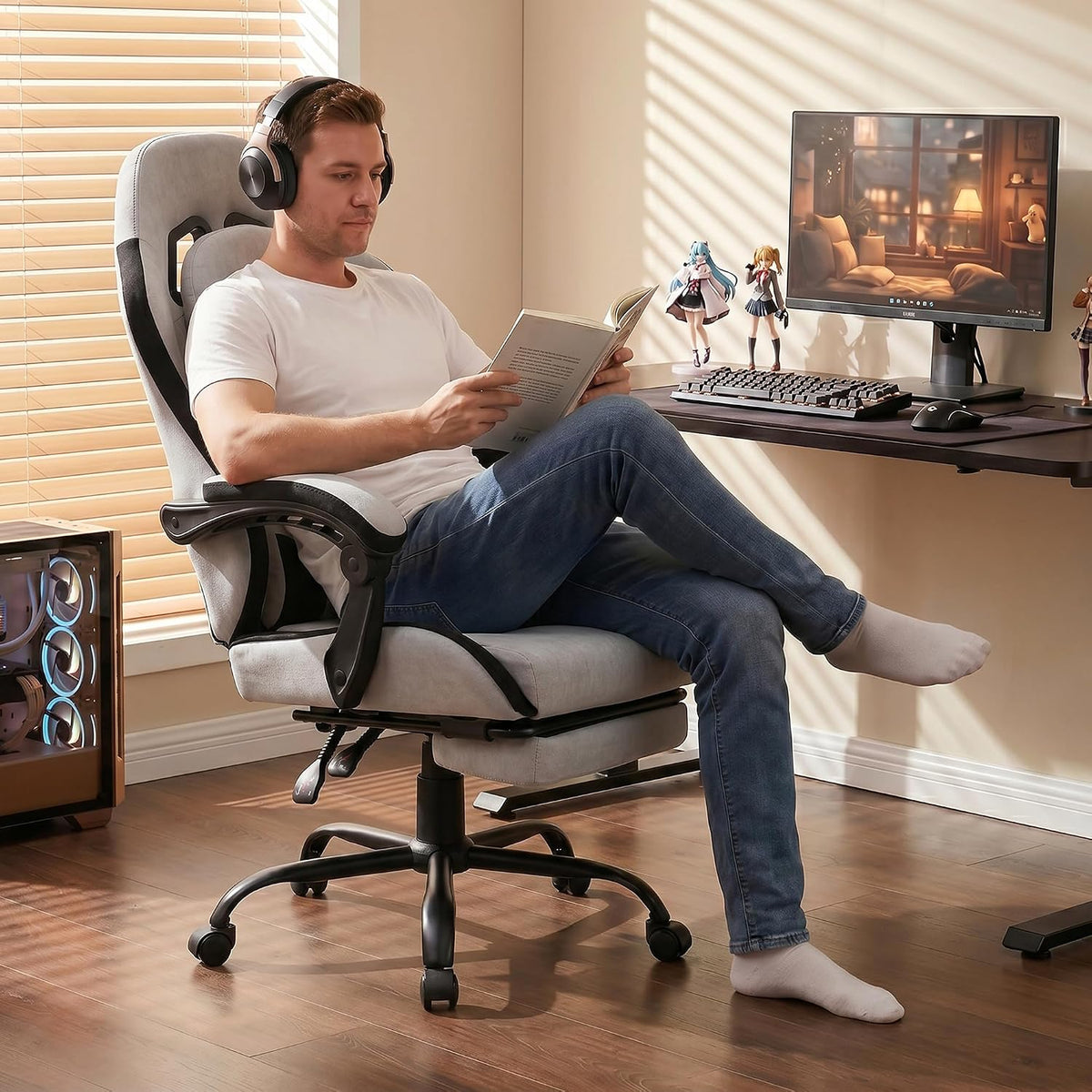Gaming Chair for Adults, Computer Chair Fabric, Footrest, Reclining, Gray