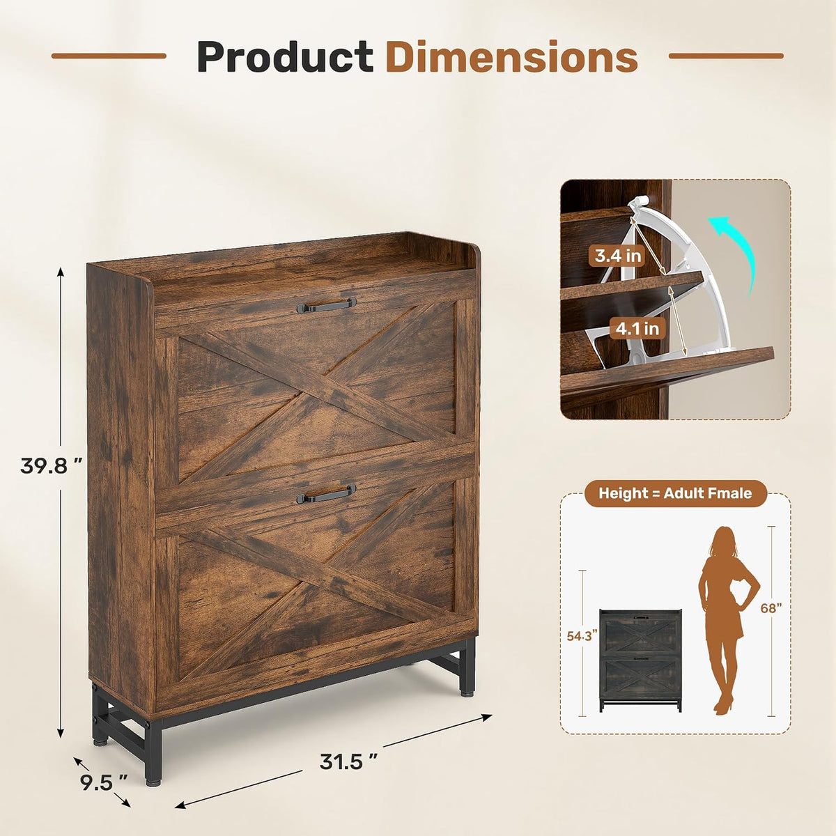 Miereirl Rustic Farmhouse Shoe Cabinet with 2 Flip Drawers, Narrow Entryway S...