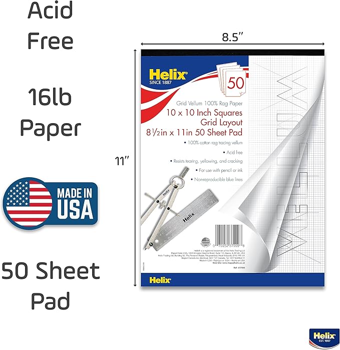 Helix - 100% Rag Vellum Paper Pad - 1 Inch Equals 10x10 Grid - 8.5 Inch x 11 - Image 4