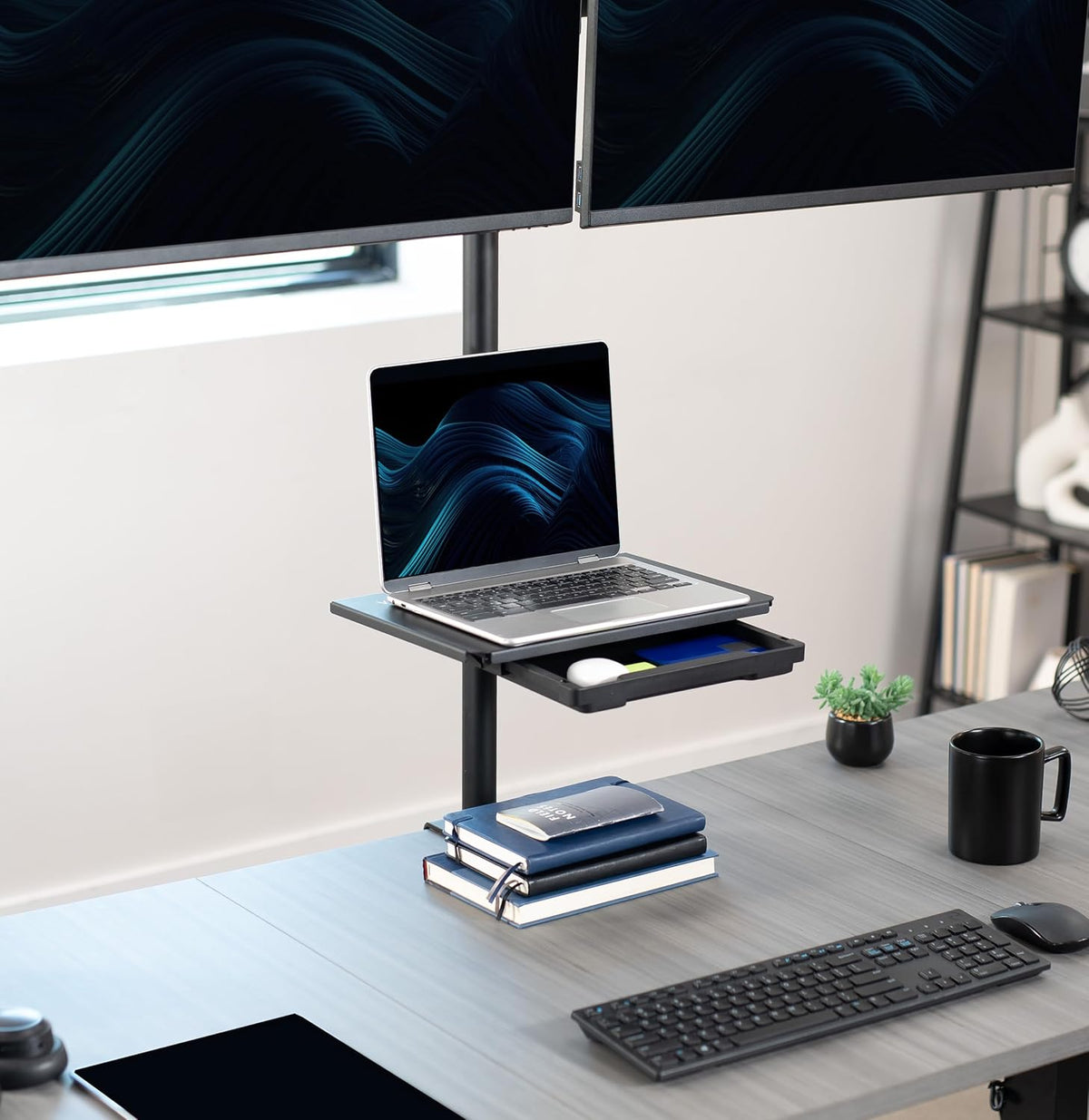 VIVO Black 14 x 10 in Pole Mount Shelf with Drawer, MOUNT-SF13D