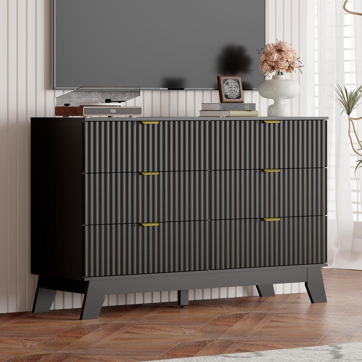 Black Dresser 6 Drawer Dresser for Bedroom, 47''W Fluted Wooden Dress...