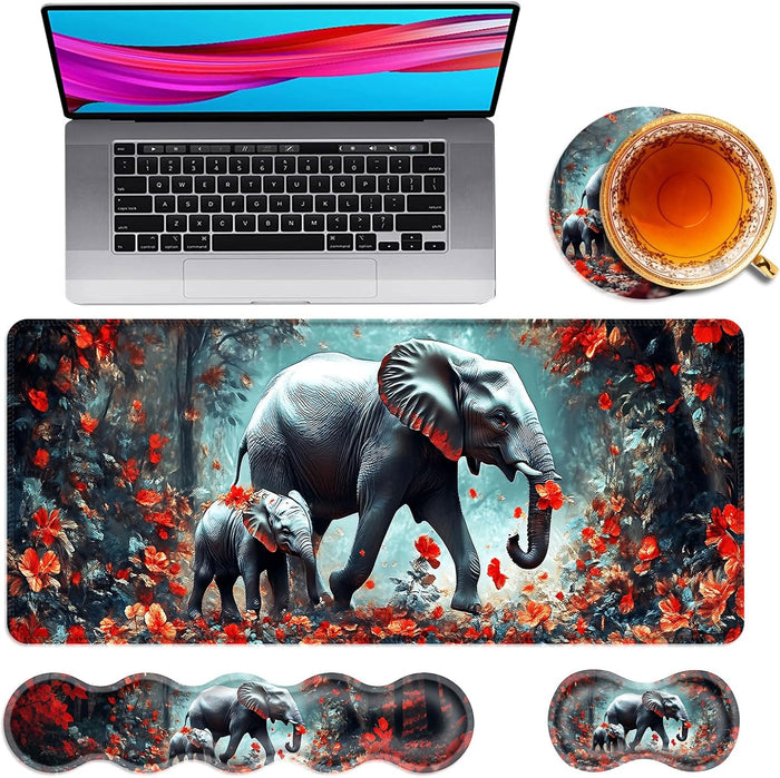 Large Mouse Pad and Keyboard Wrist Rest, Desk Pad for Keyboard and Mouse, 4-in-1 Large Gaming Mouse Pad with Wrist Support, Desk Mat for Home Office Study Game,Floral Elephant