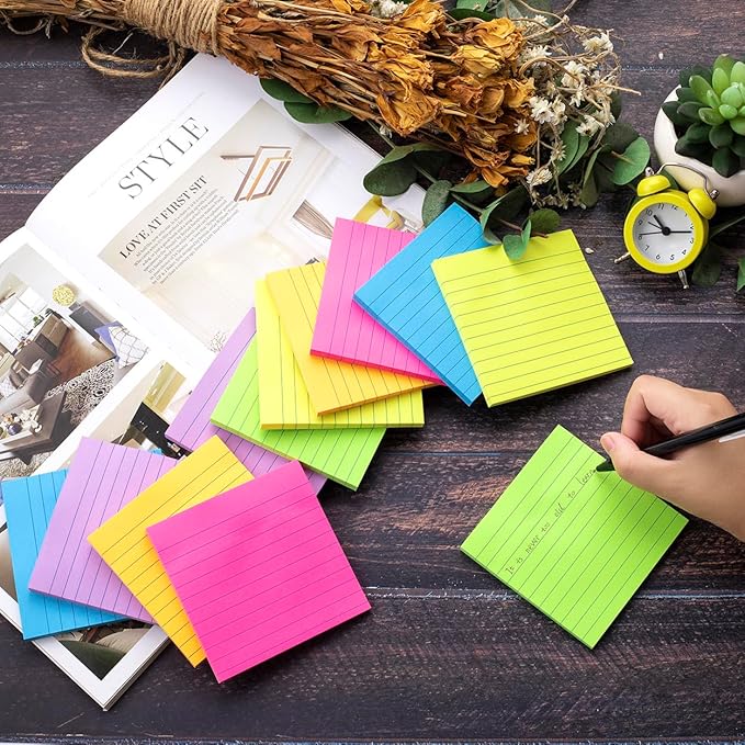 Lined Sticky Notes 4x4 in, 6 Bright Colors Self-Stick Note Pads, Strong Adhesive - Image 5