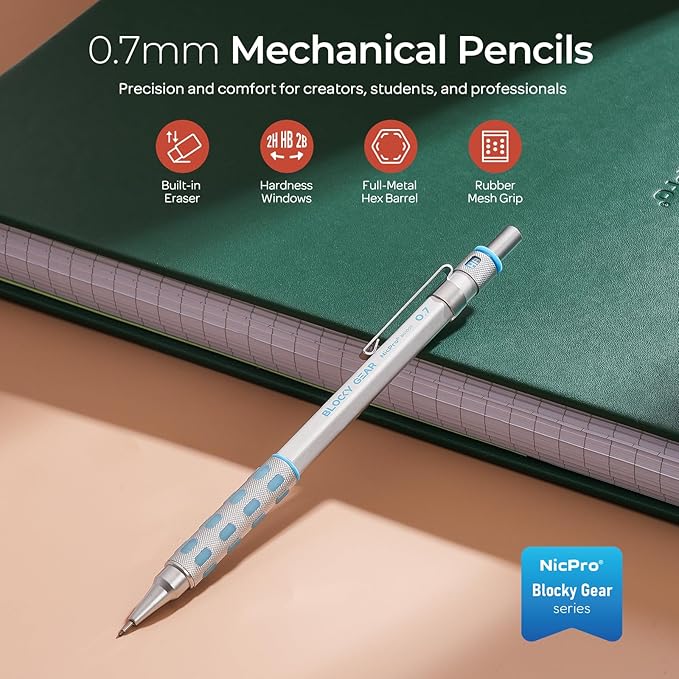 Nicpro Blocky Gear 0.7 mm Mechanical Pencils Set in Case, Metal Pencil - Image 2