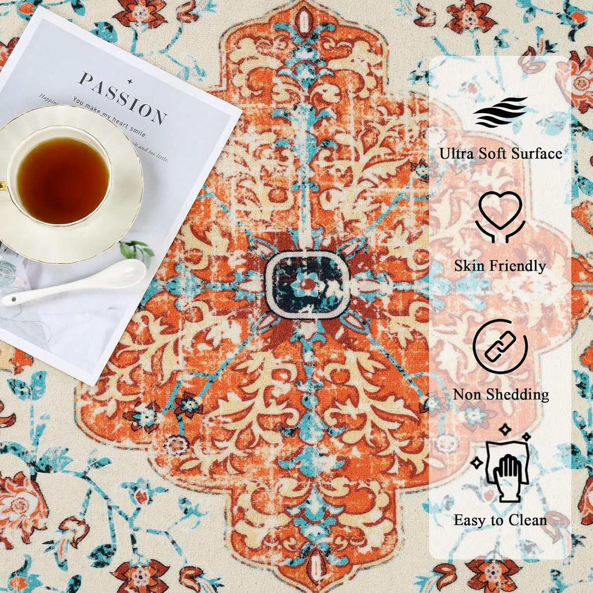 U'Artlines Boho Vintage Area Rug 6x9 Machine Washable Carpet,Orange/Multi