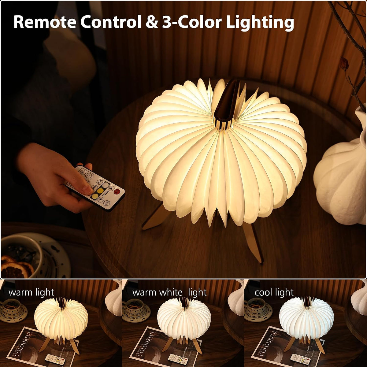 Pumpkin Table Lamp, Portable Night Light, Rechargeable Paper Lamp