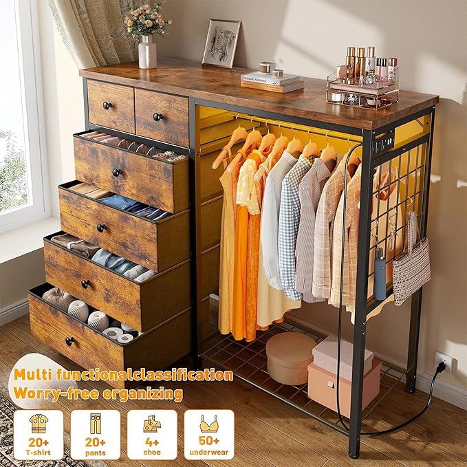 EnHomee 49.2" W Dresser with Hanging Rack & 6 Fabric Drawers – Wooden Top - Image 3