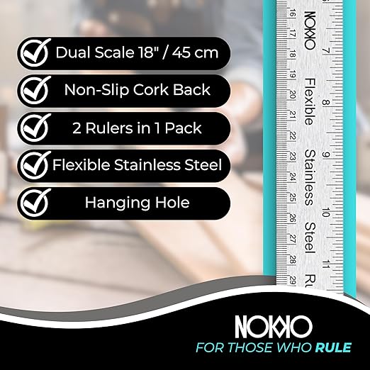 NOKKO 18 Inch Metal Ruler with Cork Backing, Non-Slip Cork Back - Image 2