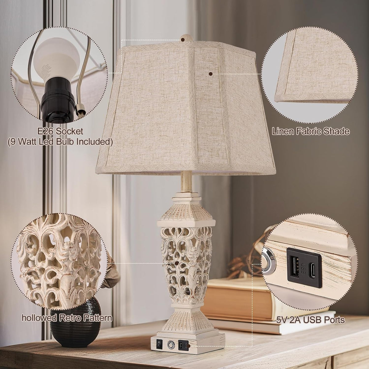 AIDENOEY 27.5" Touch Control Traditional Table Lamp Set of 2 with USB A+C