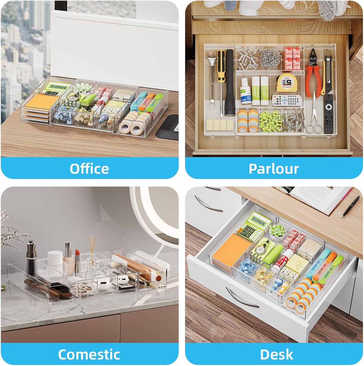 Marbrasse Expandable Desk Drawer Organizer, Clear Plastic Drawer Organizer Tr...