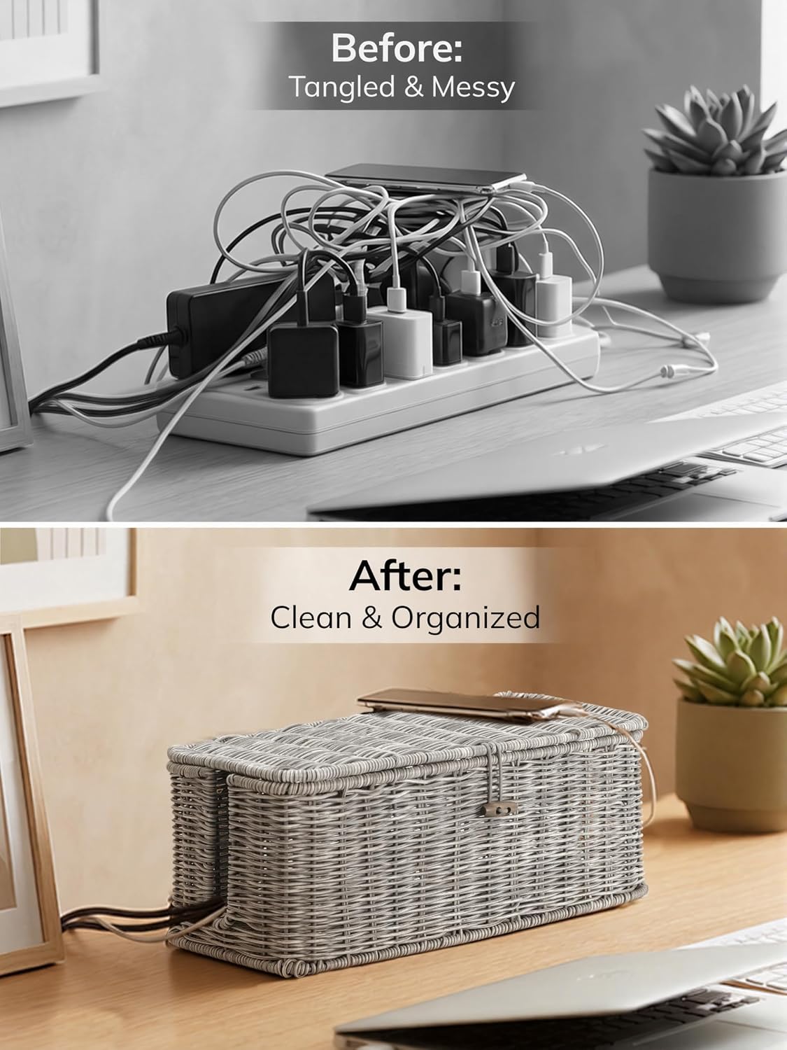 Cable Management Box, Cord Organizer with Lid & Cable Ties - Gray Set