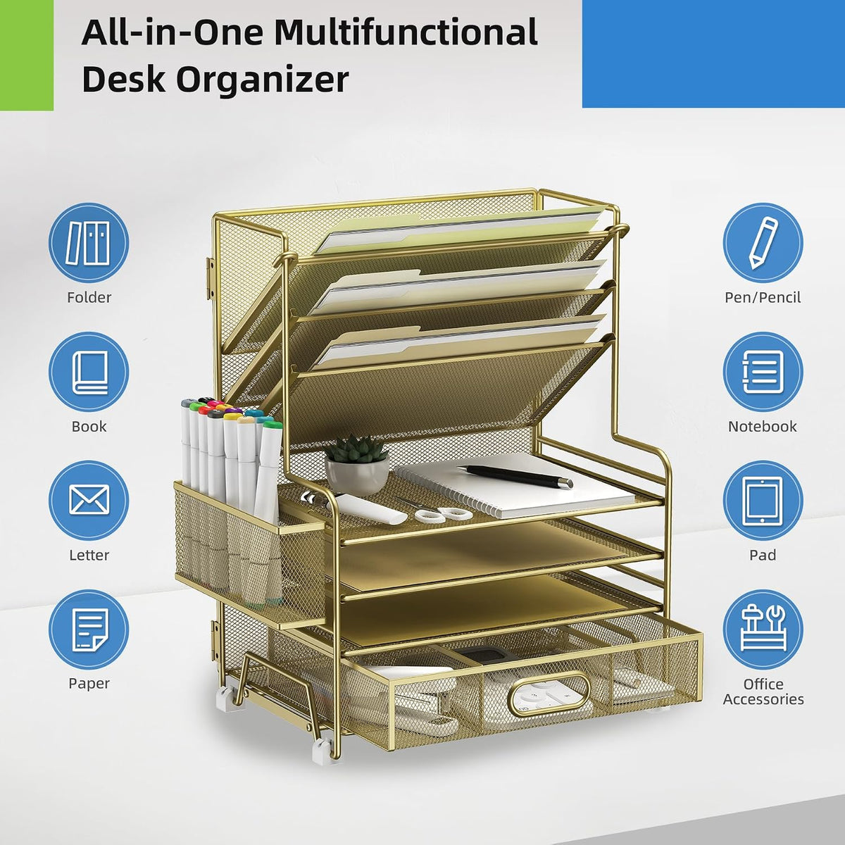 MINDEPOT 4-Tier Paper Organizer + 3-Pocket File Holder + Drawer + Pen Holders...