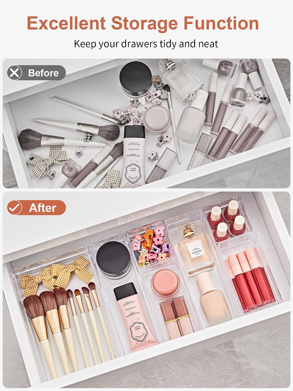 SMARTAKE 37 PCS Drawer Organizer 4 Size Desk Makeup Drawer Organizer Clear